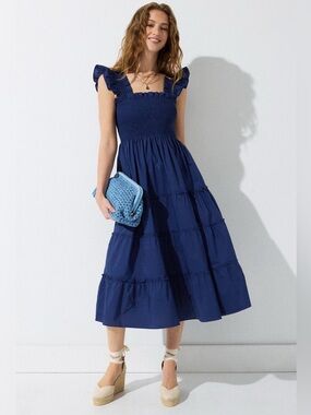 Hill House Women Cotton Dress M Blue Ellie Nap Smocked Tiered Ruffle Pockets